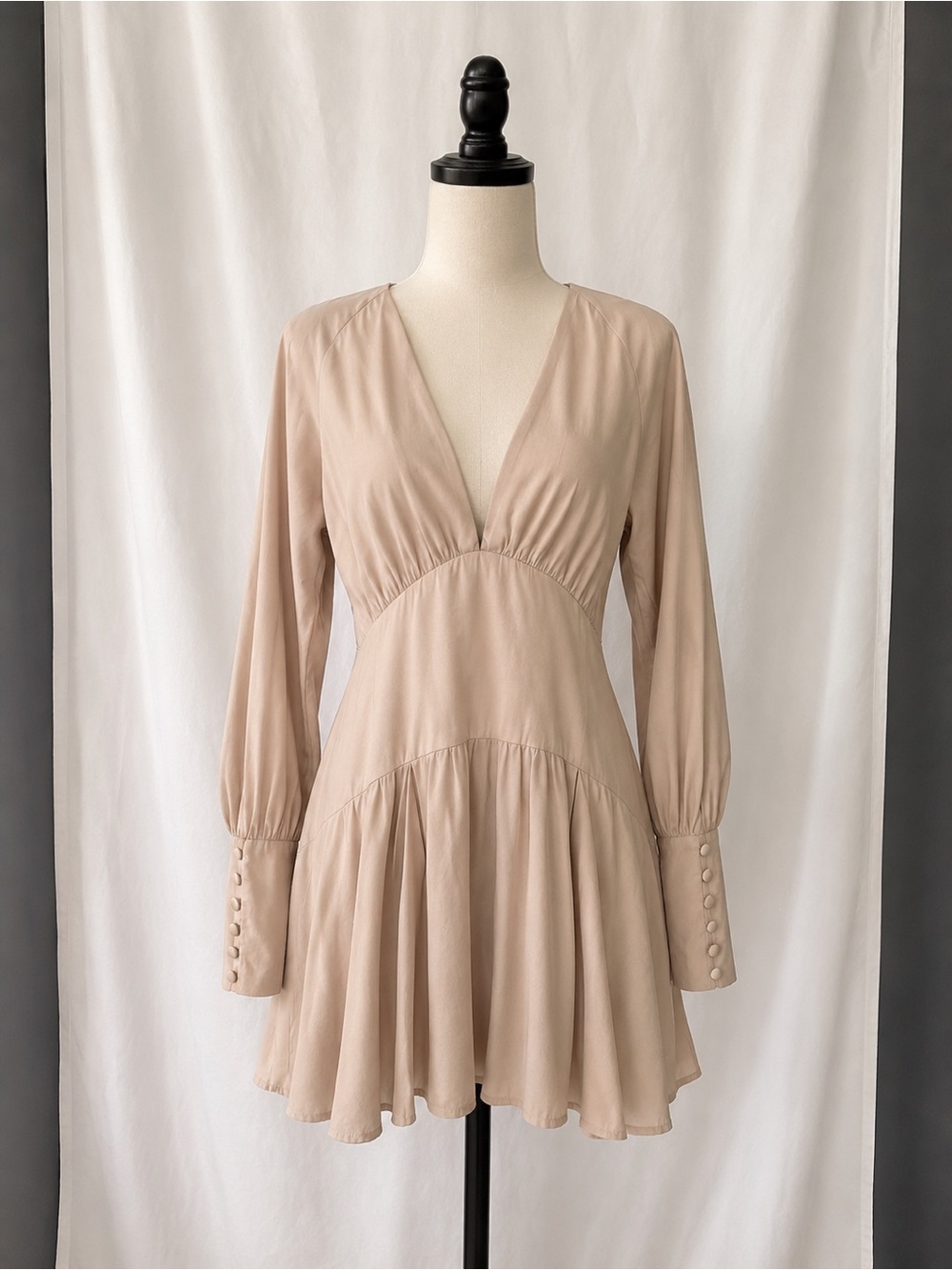 Pleated V-Neck Mini Dress Long Sleeve Nude Tan Coquette Size S